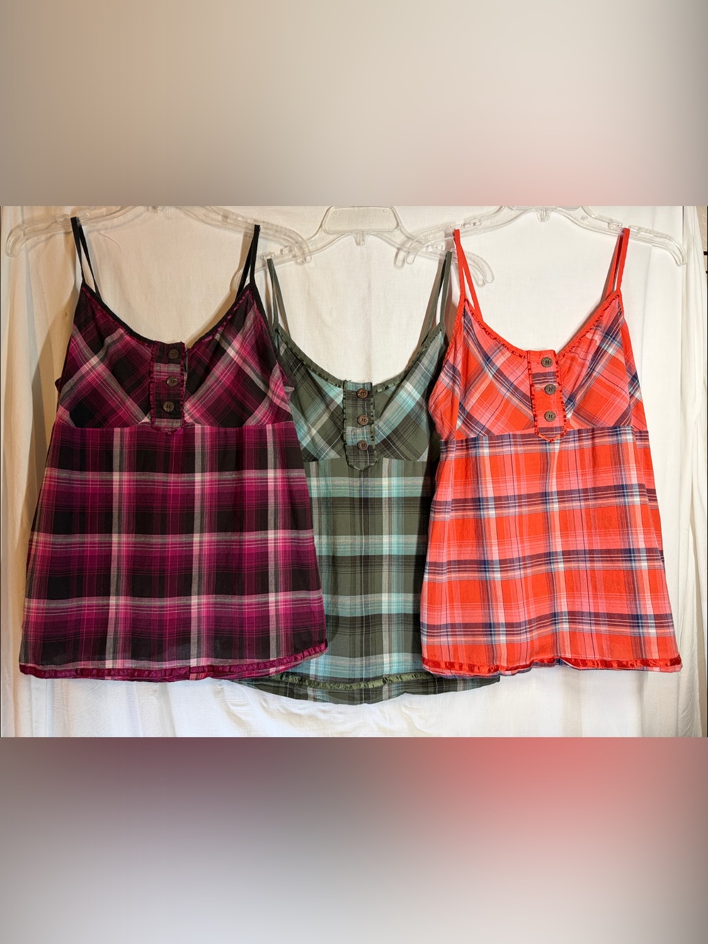 Vanity Plaid Cami Tops in Magenta, Teal, and Coral